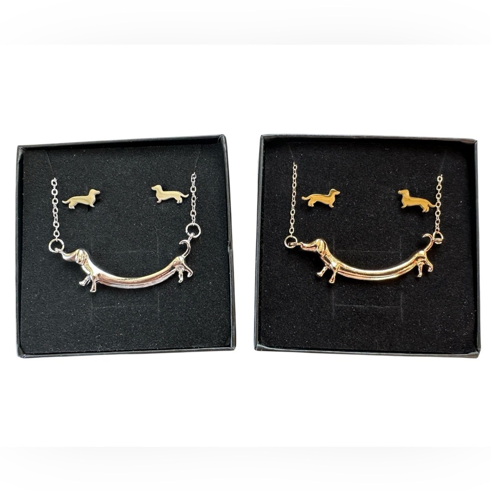 New Dachshund Necklace & Earrings Set In A Gift Box - Picture 2 of 3